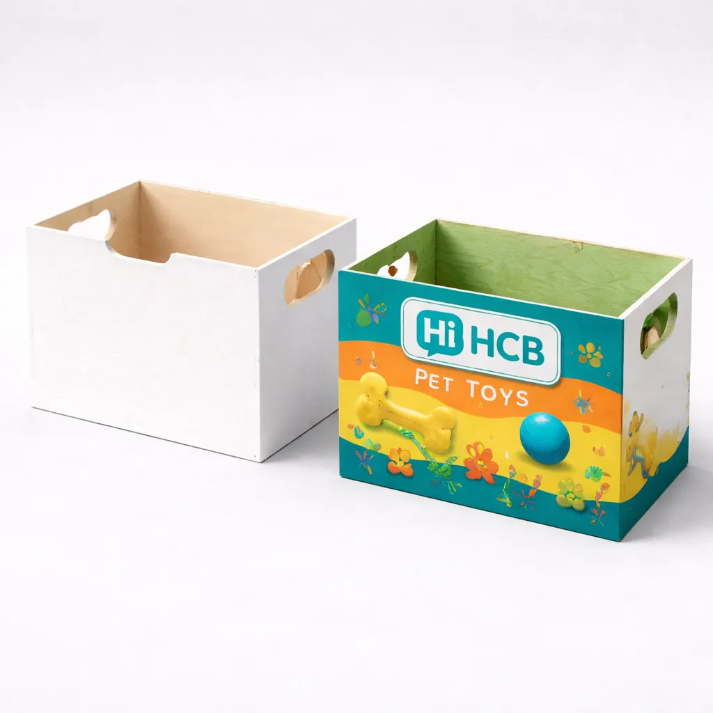 Two drawer-style sleeve boxes, one blank white and one with a colourful dog graphic and HCB branding. class=